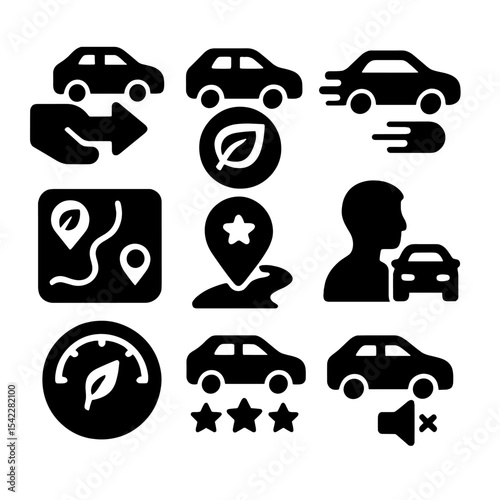 Eco Driving Icons. Solid style icons of eco driving behavior: gentle acceleration icon, regen braking icon, drive smooth icon, eco