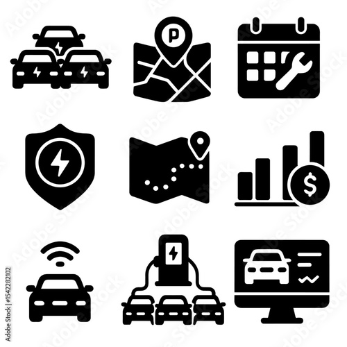 EV Fleet Management Icons. Solid style icons of EV fleet management: multiple EVs icon, fleet charging map, scheduling dashboard,