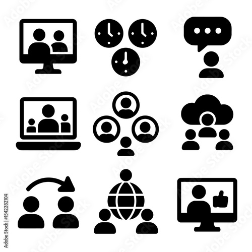 Remote Collaboration Icons. Solid style icons of collaboration in remote teams: shared screen icon, time zone clocks, asynchronous