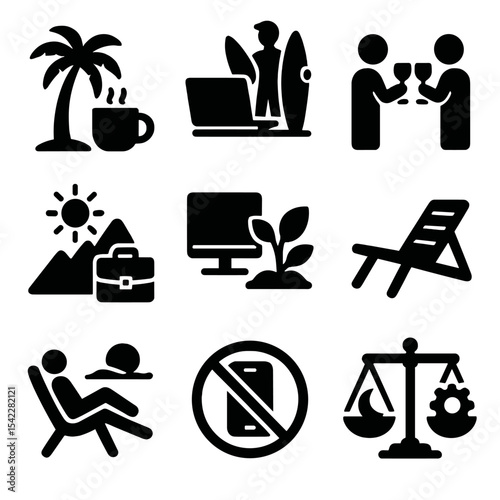 Lifestyle Balance Icons. Solid style icons of lifestyle balance: coffee break with palm tree, morning surf and laptop, social hour