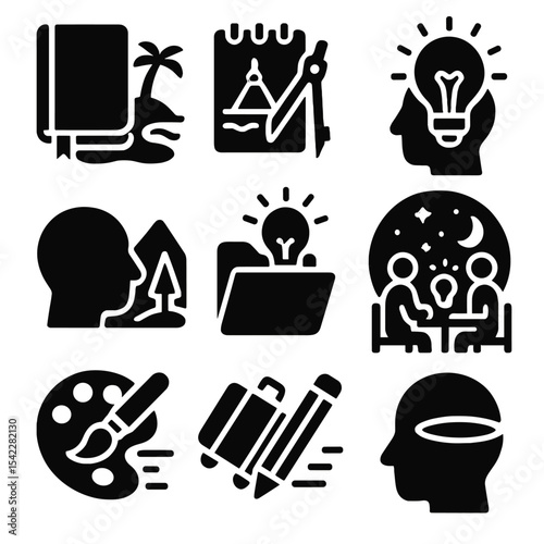 Nomadic Creativity Icons. Solid style icons of nomadic creativity: journal by beach, sketchpad with compass, creative moment icon,