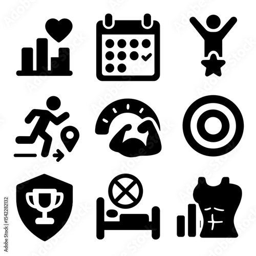 Fitness Icons Set. Solid style icons of fitness goals: gym streak chart, workout calendar, training milestone icon, run distance