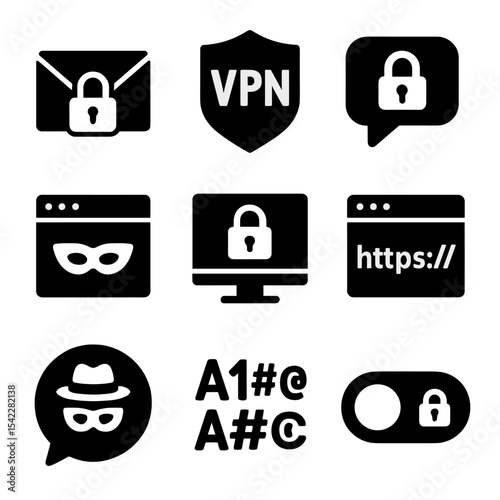 Secure Communication Icons. Solid style icons of secure communication: encrypted email icon, VPN shield, chat with lock, private