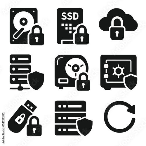 Secure Storage Icons. Solid style icons of secure data storage: hard drive with lock, encrypted SSD, cloud locker icon, RAID icon