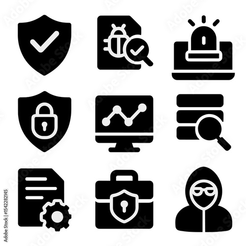 Cybersecurity Tools Icons. Solid style icons of cybersecurity tools: antivirus shield, malware scanner icon, intrusion detection