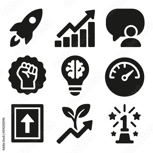 Motivational Icons Collection. Solid style icons of motivation and progress: progress rocket icon, climbing graph, encouragement