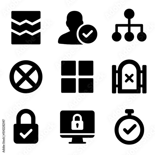 Zero Trust Icons. Solid style icons of zero trust architecture: layered trust barrier, verify identity icon, access control points