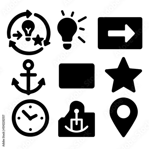 Habit Loop Icons. Solid style icons of habit loop and triggers: cue-action-reward icon, trigger symbol, action box icon, reward