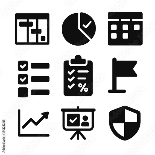 Project Tracking Icons. Solid style icons of project tracking: Gantt chart icon, task completion chart, backlog list icon, sprint