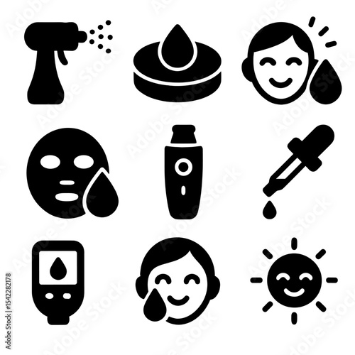Glow Hydration Icons. Solid style icons of hydration and glow treatments: oxygen mist tool, hyaluronic filler pad, dewy glow icon,
