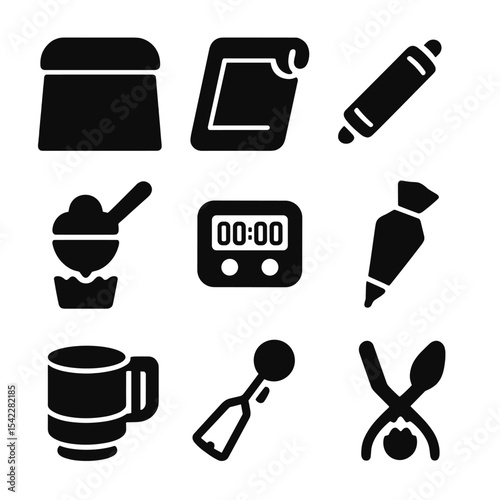 Baking Tool Icons. Solid style icons of baking shortcuts: dough scraper, silicone baking mat, rolling pin with guide, cupcake