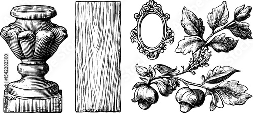 Collection of vintage woodcut elements: panel shard, handcrafted ornament, and leaf design