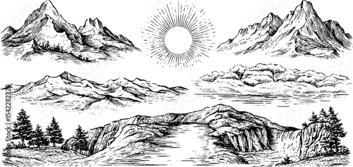 Layered mountain ranges and sunset illustration with scenic landscape elements