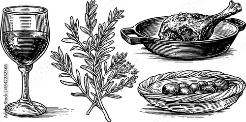 Gourmet dining scene with lamb shank, pinot noir, and herb arrangement for culinary design
