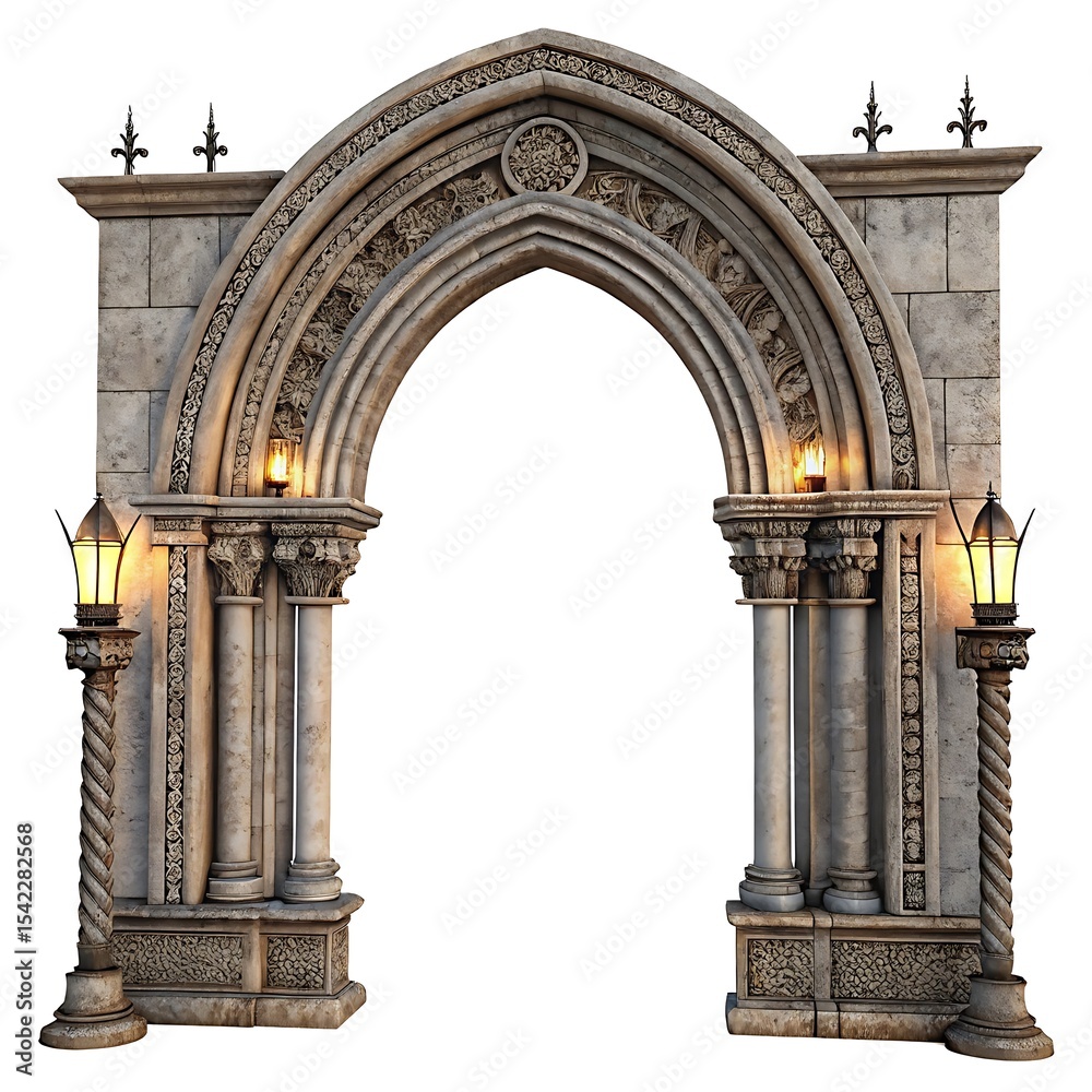 Fototapeta premium Ornate stone archway with illuminated lanterns