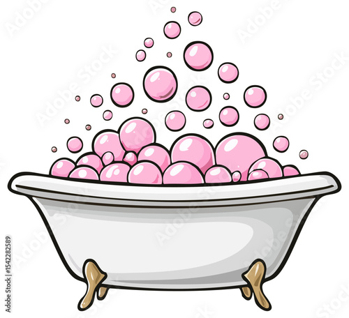 Pink bubble bath in white bathtub clipart illustration, isolated 