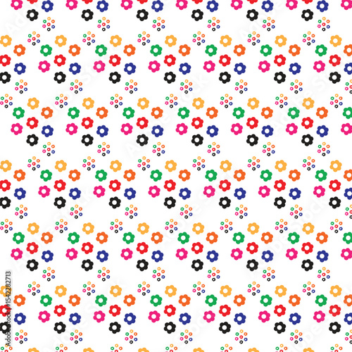 Colorful floral pattern with repeating flowers and small dots on a white background
