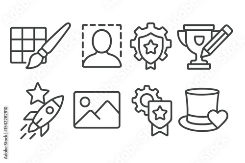 Customization Icon Set. Line style icons of customization and skins: icon theme, avatar skin, badge color, trophy variant,