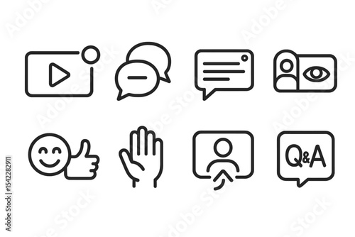 Live Engagement Icons. Line style icons of live engagement: live stream icon, chat bubbles, real-time comments, viewer count,