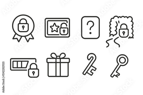 Unlockable Icons. Line style icons of unlockables: locked badge, open achievement, secret reward, mystery icon, hidden path,
