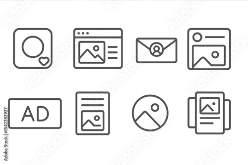 Digital Branding Icons. Line style icons of digital branding: social media icon, website mockup, email signature, branded post, ad