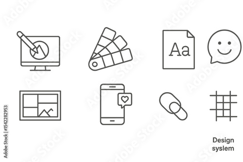 Startup Branding Icons. Line style icons of startup branding: logo design, brand colors, typography choice, brand tone, mood board