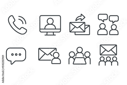 Business Communication Icons. Line style icons of business communication: phone call, video conference, email thread, business