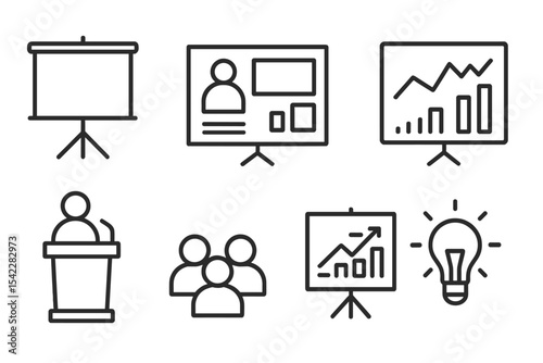 Business Presentation Icons. Line style icons of business presentations: projector screen, pitch deck, slide layout, data