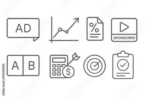 Ad Campaign Icons. Line style icons of ad campaigns: ad banner, CPC graph, ROI report, sponsored icon, A/B test, ad budget, target
