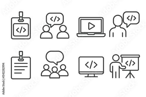 Dev Event Icons. Line style icons of dev events: hackathon badge, tech meetup, online webinar, dev talk, conference pass,