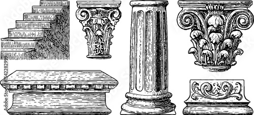 Architectural elements collection featuring columns, capitals, and steps design for educational or decorative use