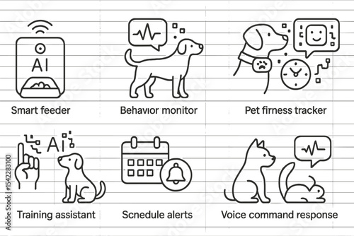 AI-Powered Pet Care. Line style icons of AI in pets care: smart feeder, behavior monitor, pet fitness tracker, emotion interpreter