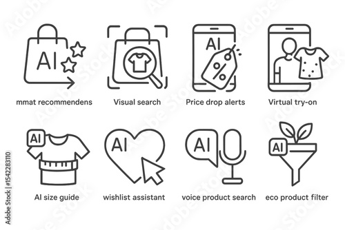 AI Shopping Tools. Line style icons of AI in shopping: smart recommendations, visual search tool, price drop alerts, virtual