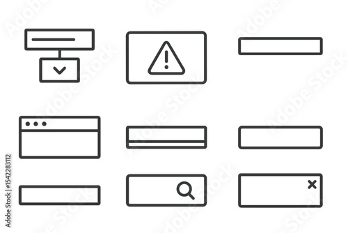Web UI Icon Set. Line style icons of web UI components: dropdown nav, web alert, cookie notice, sticky nav, browser header, footer