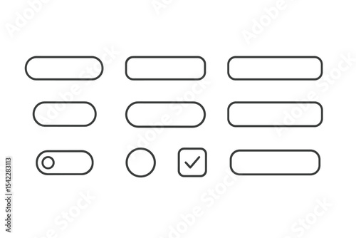 Line Style UI Icons. Line style icons of UI buttons: primary button, secondary button, outlined button, ghost button, toggle