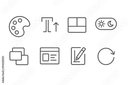 Theme Customization Icons. Line style icons of theme customization: color palette, font size selector, layout toggle, light/dark