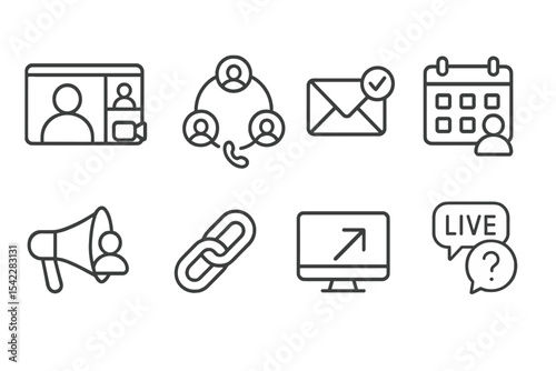 Virtual Meetup Icons. Line style icons of virtual meetups: video room, group call, RSVP icon, event calendar, speaker icon, join