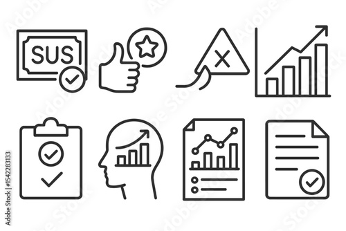Usability Metrics Icons. Line style icons of usability metrics: SUS score, satisfaction rate, error rate, efficiency score,