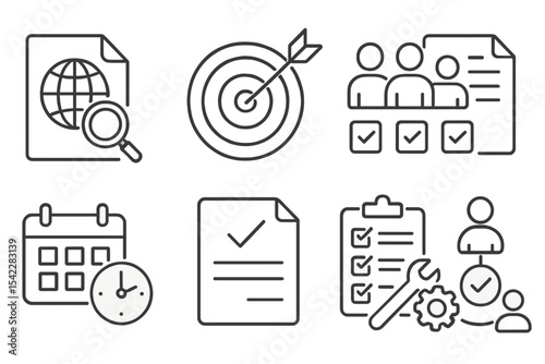 UX Research Icons. Line style icons of UX research planning: research scope, goal setting, participant criteria, test script,