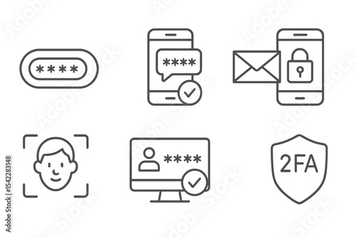 Two-Factor Authentication Icons. Line style icons of two-factor authentication: code token, phone verification, email code,
