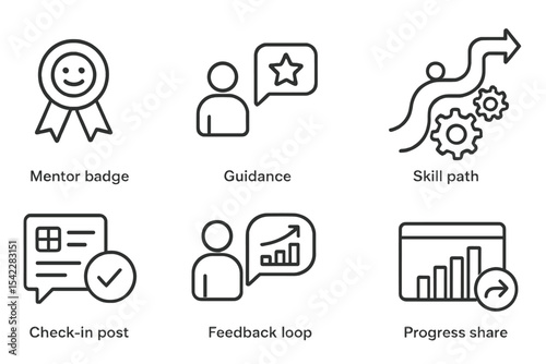 Mentorship Icons. Line style icons of mentorship groups: mentor badge, guidance icon, learning track, skill path, check-in post,