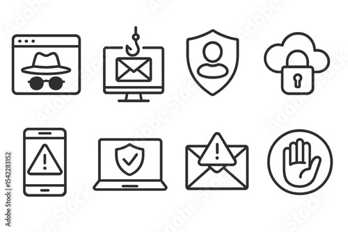 Digital Safety Icons. Line style icons of personal digital safety: private browsing, phishing alert, identity protection, secure