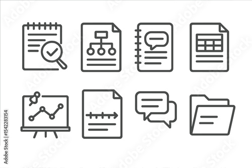 Research Icons Set. Line style icons of research documentation: research log, study plan, interview notes, data sheet, findings