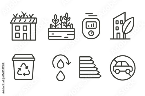 Sustainable City Icons. Line style icons of sustainable city features: green roof, urban garden, air quality monitor, eco-building