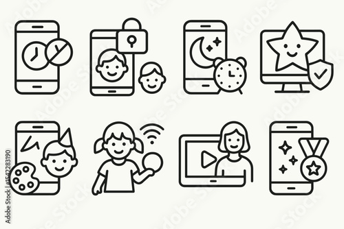 Kids Digital Wellness Icons. Line style icons of kids’ digital wellness: screen time rules, parental control, bedtime mode, kids
