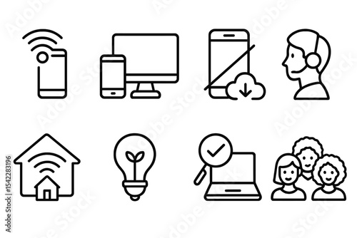 Equitable Access Icons. Line style icons of equitable access: low bandwidth mode, device compatibility, offline access, assistive