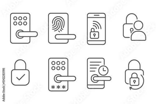 Smart Lock Icons. Line style icons of smart locks and access: keypad lock, fingerprint scanner, remote unlock, guest access, lock