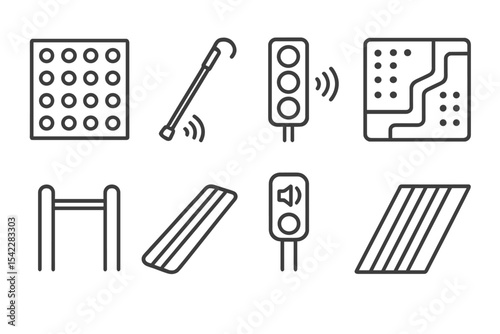 Visually Impaired Navigation Icons. Line style icons of urban navigation for visually impaired: tactile paving tile, cane with