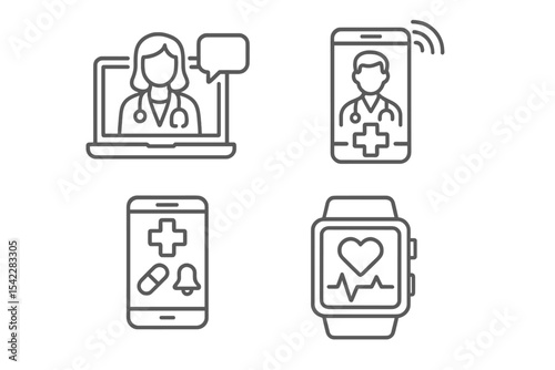Medical Tourism Icons. Line style icons of medical tourism: telemedicine follow-up, remote doctor call, digital recovery app,