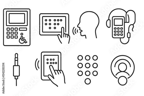 Accessible ATM Icons. Line style icons of urban navigation for visually impaired: accessible ATM icon, Braille keyboard, voice